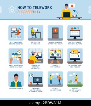 How to work from home successfully and boost productivity, vector infographic with advices Stock Vector