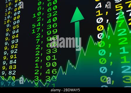 Stock Market Values in Green Numbers Showing The Increased Prices of the Share Values on Teletex Stock Photo