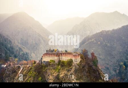 Famous Poenari citadel on background of romania mountains Stock Photo