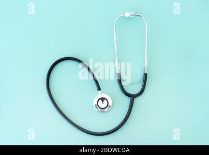 Top view of phonendoscope on blue background Stock Photo