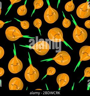 PATTERN seamless bow. onion character. Black background. children's illustration. Vegetarianism and vegetarian. Vegetables.. Stock Vector