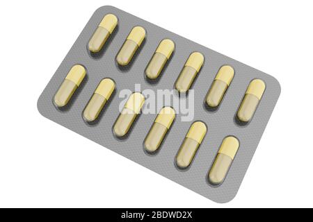 3D illustration. Medicinal capsules on a white background. Medicines per blister pack. Stock Photo