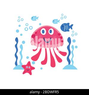 Cute color card with sea animals star, fish, jellyfish. Stock Vector