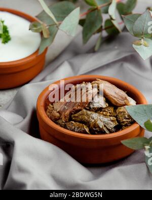 dolma with stuffed meat from grape leaves Stock Photo