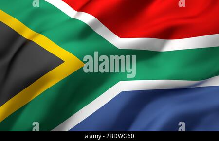 Flag of South Africa blowing in the wind. Full page South African flying flag. 3D illustration. Stock Photo