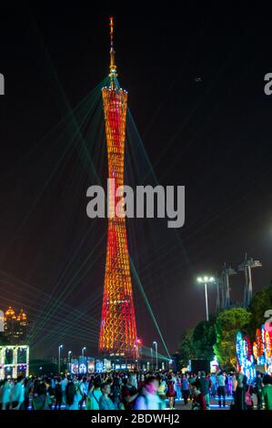 View of the Canton Tower in Guangzhou city China at night from the Zhujiang New Town area, Stock Photo