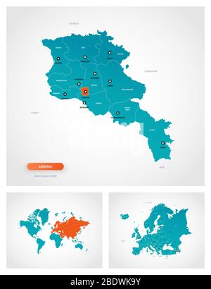 Editable template of map of Armenia with marks. Armenia  on world map and on Europe map. Stock Vector