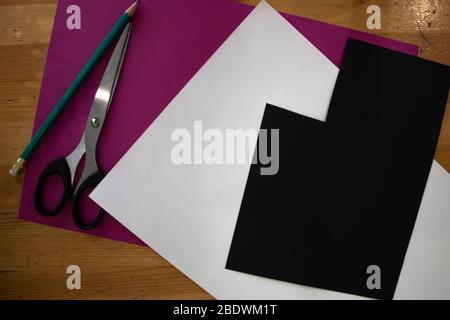 Colored paper and office supplies or design. Top view copy space Stock Photo