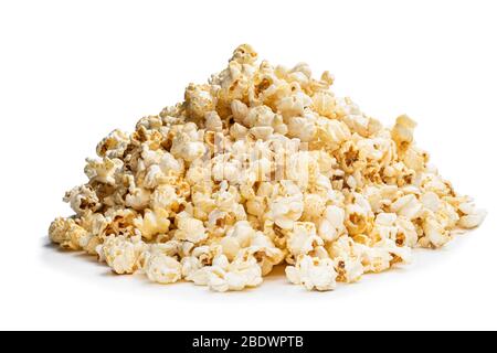 Heap  of sweet popcorn isolated on white Stock Photo