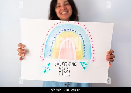 New york, usa - 8 april 2020: 'everything will be fine' message of positivity in the time of corona virus epidemic, a colorful hopeful drawing made by Stock Photo