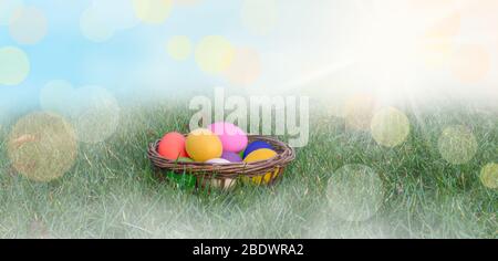 Colorful painted Easter eggs in a basket on the grass. Blue sky and sunny design background. Easter eggs hunting concept. Stock Photo