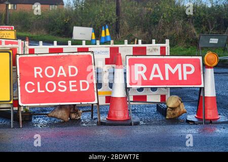 road closed and ramp warning at roadworks york yorkshire united kingdom Stock Photo