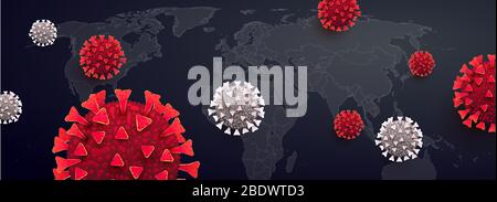 Covid-19. Coronavirus outbreak concept with 3d realistic viral cells on horizontal template map background. The virus adversely affects the global economy. Covid 19 background Stock Vector