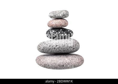 Pebble pile on white background isolated close up, stack of balanced zen stones, pyramid of smooth sea pebbles, tower of round cobblestones, rocks Stock Photo