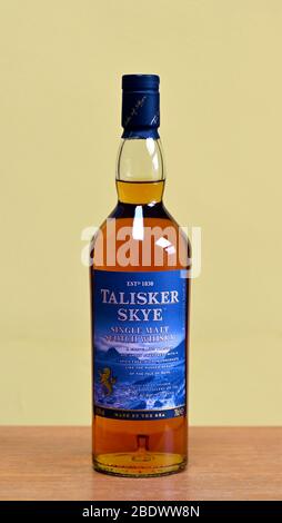 Bottle of Talisker Skye single malt Scotch whisky.
