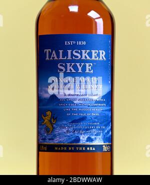 Bottle of Talisker Skye single malt Scotch whisky (detail).