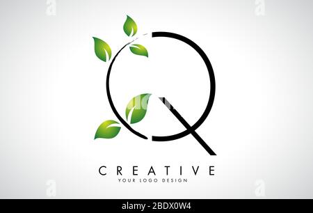 Leaf Letter Q Logo Design with Green Leaves on a Branch. Letter Q with nature concept. Eco and Organic Letter Vector Illustration. Stock Vector