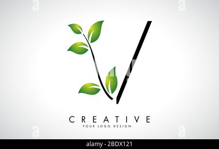 Leaf Letter V Logo Design with Green Leaves on a Branch. Letter V with nature concept. Eco and Organic Letter Vector Illustration. Stock Vector