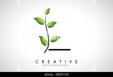 Leaf Letter L Logo Design with Green Leaves on a Branch. Letter L with nature concept. Eco and Organic Letter Vector Illustration. Stock Vector
