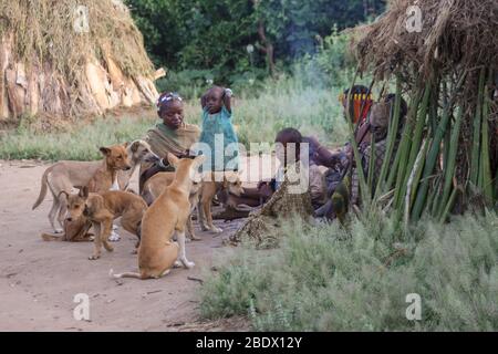 A group of Hadza woman in traditional dress. Photographed at Lake Eyasi, Tanzania Stock Photo