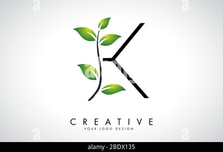 Leaf Letter K Logo Design with Green Leaves on a Branch. Letter K with nature concept. Eco and Organic Letter Vector Illustration. Stock Vector
