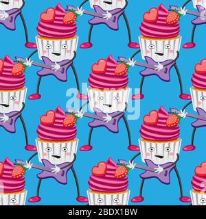 Seamless cake pattern with guitar cartoon on blue background. Vector image Stock Vector