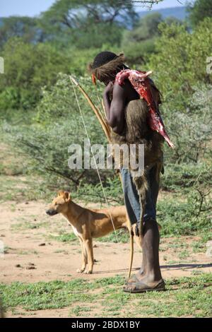 Hadza Man With Dog Lake Eyasi Tanzania Small Tribe Of Hunter Gatherers