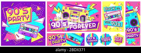 Retro 90s music party poster. Back to the 90s, nineties forever banner and retro funky pop radio badge vector illustration set Stock Vector