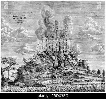 Jesuit Athanasius Kircher (May 2, 1602 - November 28, 1680) witnessed eruptions of Mount Etna and Stromboli, then visited the crater of Vesuvius and published his view of an Earth with a central fire connected to numerous others caused by the burning of sulfur, bitumen and coal.  Mount Etna is an active stratovolcano on the east coast of Sicily, Italy. Mount Etna is one of the most active volcanoes in the world and is in an almost constant state of activity. The fertile volcanic soils support extensive agriculture, with vineyards and orchards spread across the lower slopes of the mountain and Stock Photo