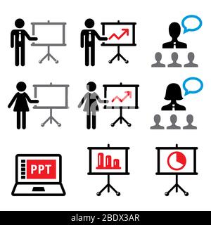 Business work presentation, lecture, people giving a speech vector icons set Stock Vector