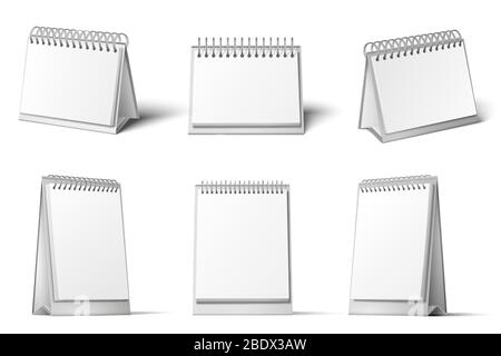 Desk calendar mockup. Blank calendars stand, table diary reminder and realistic 3D white template vector set Stock Vector