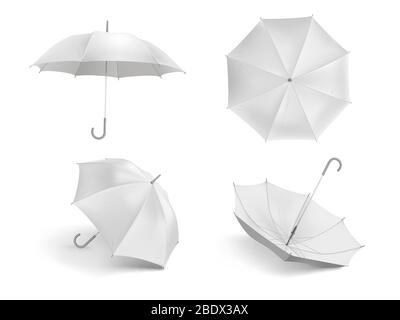 Realistic white umbrella mockup. Blank open fabric parasol, outdoor weather waterproof umbrellas vector template set Stock Vector