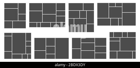 Square photo collage. Photos grid template, rectangular frame and pictures composition vector templates set Stock Vector