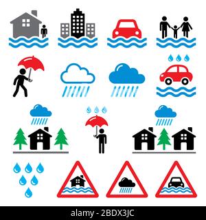 Flood, natural disaster, heavy rain icons set - environment, natural disaster concept Stock Vector