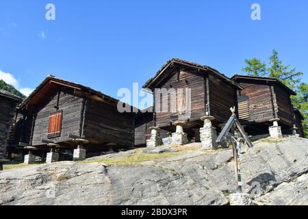 Traditional wooden granaries in Saas Fee, Switzerland. Stock Photo
