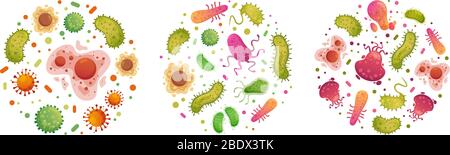 Bacteria and germ in circle. Bacterias, disease cells and germs in round frame. Human diseases cartoon vector illustration set Stock Vector