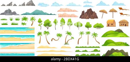 Beach landscape constructor. Sandy beaches, tropical palms, mountains and hills. Ocean horizon, clouds and green trees cartoon vector illustration set Stock Vector