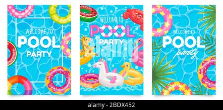 Pool party poster. Welcome to pool party flyer with swimming pool, floating rings and tropical leaves vector set Stock Vector