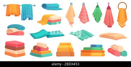 Fabric bath towels. Colorful clean bathtub towel, soft textile and stack of towels cartoon vector set Stock Vector