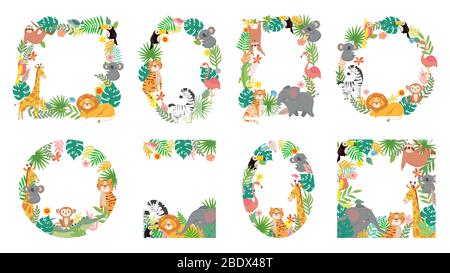 Cartoon animals frame. Jungle animal in tropical leaves, cute frames with tiger, lion, giraffe and elephant vector illustration set Stock Vector