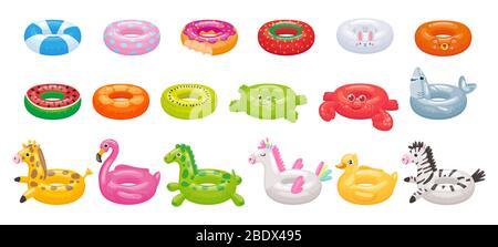 Cartoon swimming ring. Funny flamingo, shark, unicorn and duck floating rings. Summer swimming pool toys vector illustration set Stock Vector