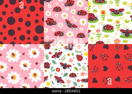 Cartoon ladybug seamless pattern. Ladybird texture, ladybugs in flowers and cute red bug vector illustration set Stock Vector