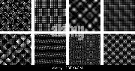 Seamless halftone geometric pattern. Dotted texture, abstract circle shapes and elegant circles patterns vector set Stock Vector