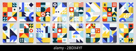 Abstract geometric backgrounds. Neo geo pattern, minimalist retro poster graphics vector illustration set Stock Vector
