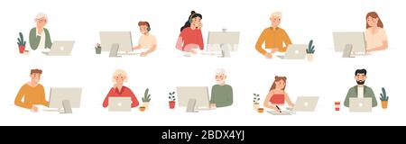 People work with computers. Students work with laptop and computer, office workers and seniors with laptops cartoon vector set Stock Vector