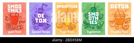 Detox smoothie poster. Good food smoothies, juices for healthy lifestyle and colorful fresh juices vector illustration set Stock Vector