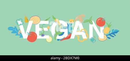 Vegan food banner design concept with various fruits and vegetables on ...