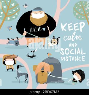 Walking with a dog in coronavirus conditions. People with dogs wearing medical masks on walk Stock Vector