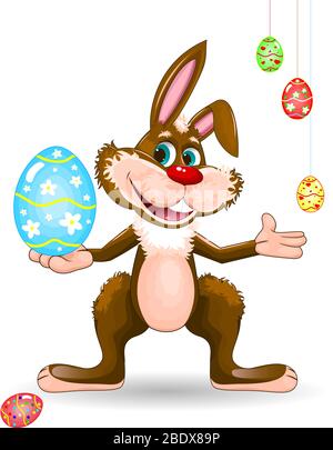 Cartoon easter bunny. Easter eggs. Character for greeting card. Stock Vector