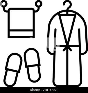 line icon of bath accessories towel, bathrobe and slippers Stock Vector